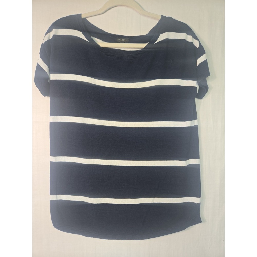 TALBOTS Women's XS Blouse Short Sleeve Striped Navy Blue White Round Hem Viscose